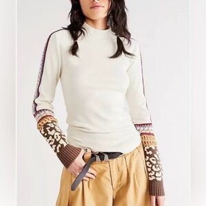 Free People Switch It Up Waffle Top Crochet Knit Long Sleeve Cream Size M